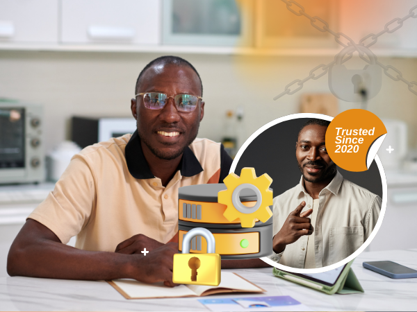 Black man with trust, security and data themes — trusted since 2020